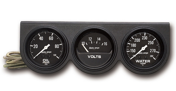 GAUGE CONSOLE, OILP/WTMP/VOLT, 2-5/8", 100 PSI/280 F/16V, BLK DIAL, BLK BZ